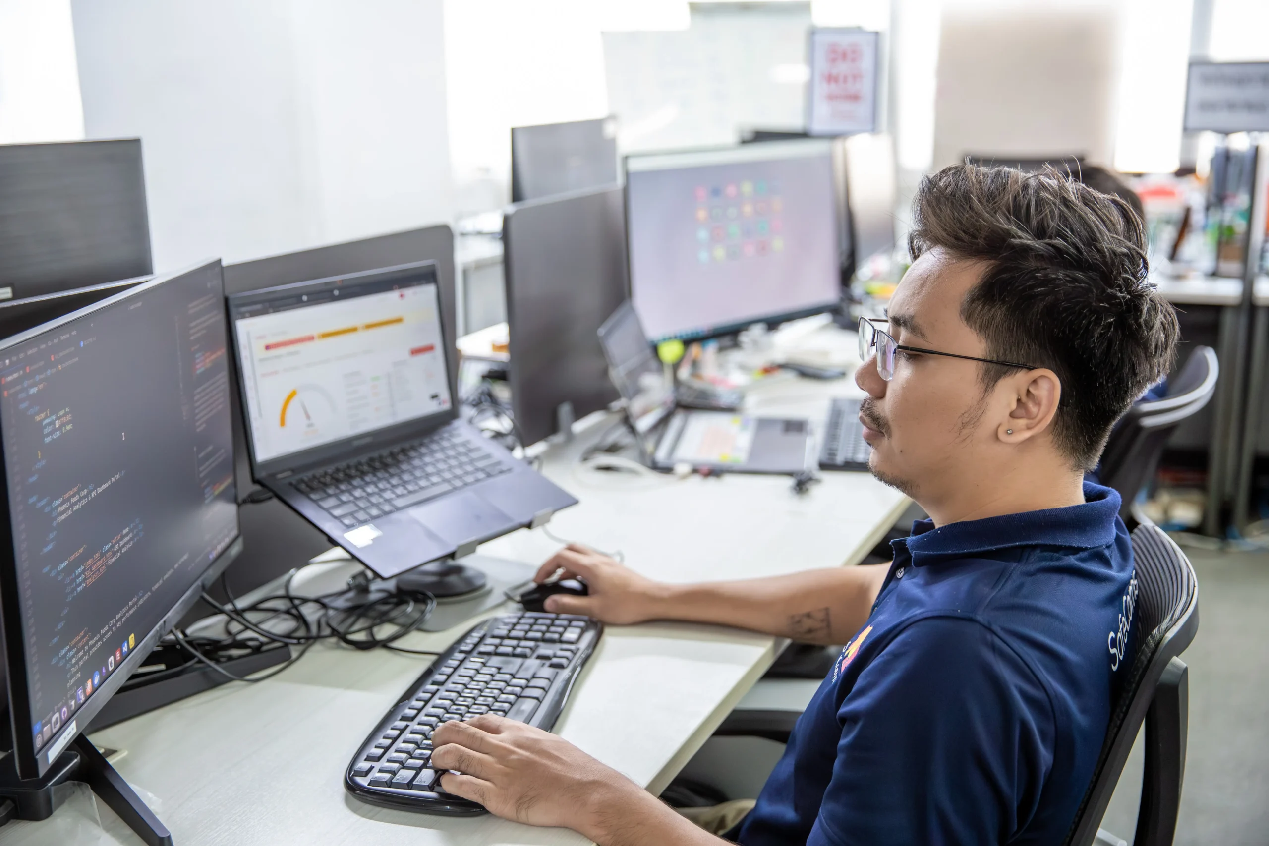 Modern open-plan office workspace at SafeComs.