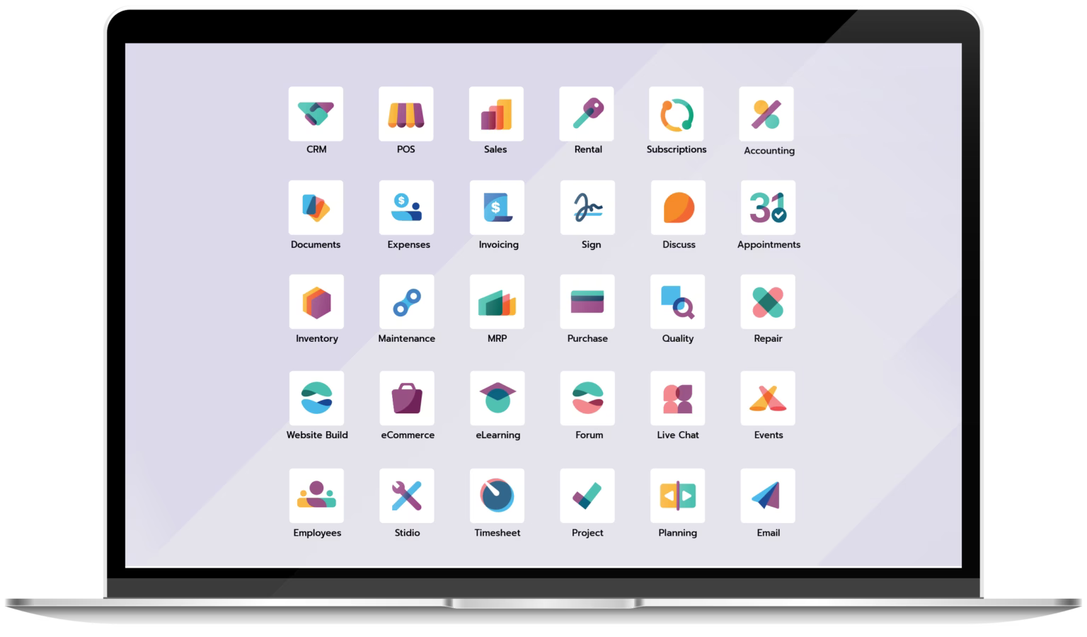 Laptop showing Odoo ERP dashboard for business.